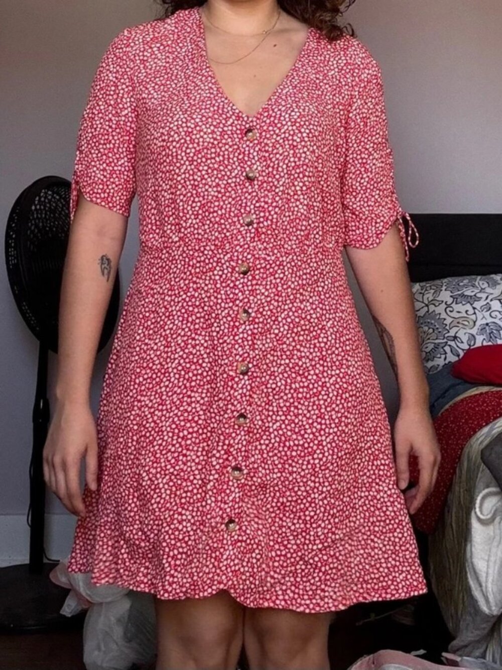 Red floral button up dress